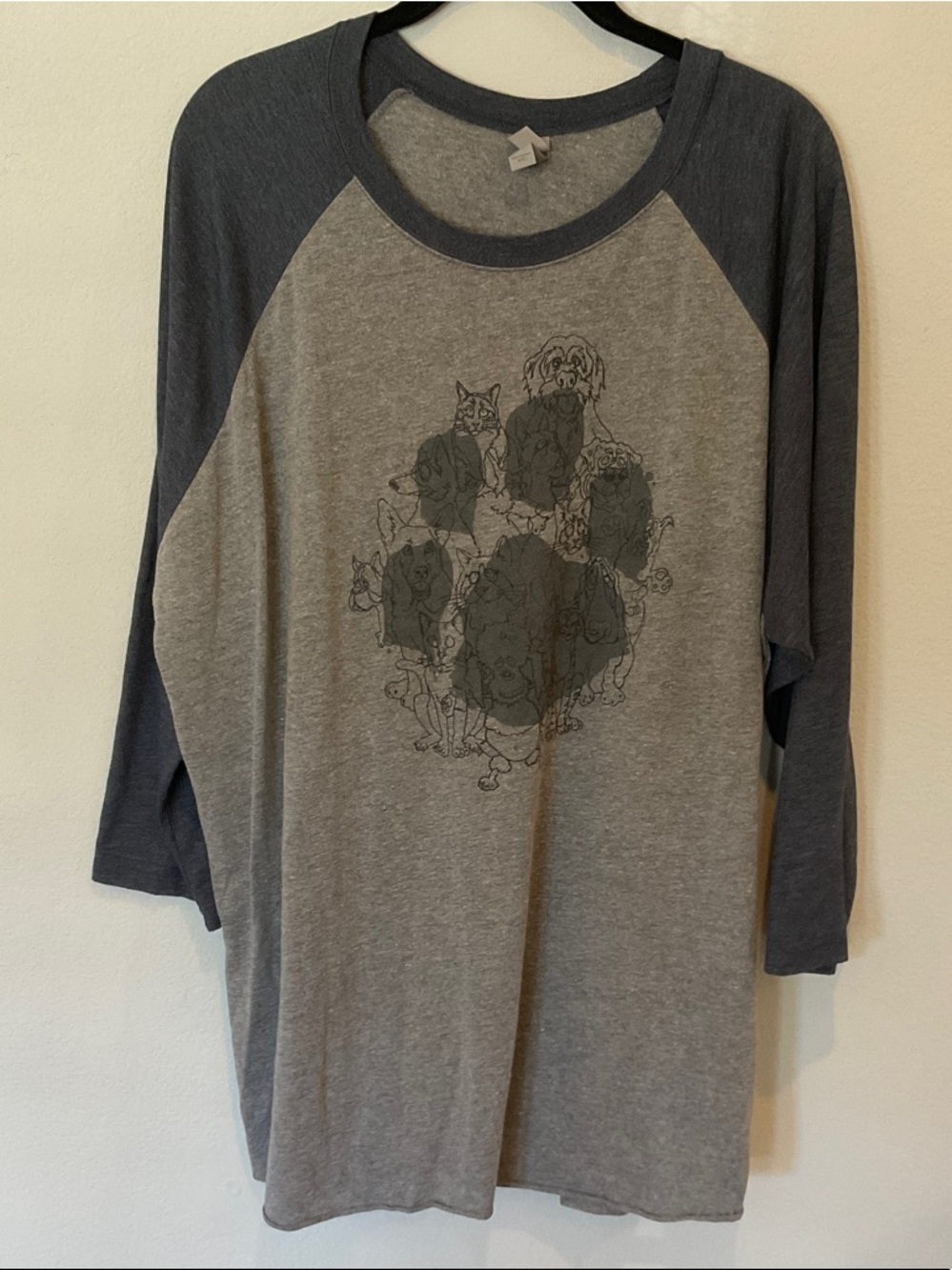 Next Level Apparel Gray Raglan Long Sleeve Tee with Paw Print Graphic, XXL